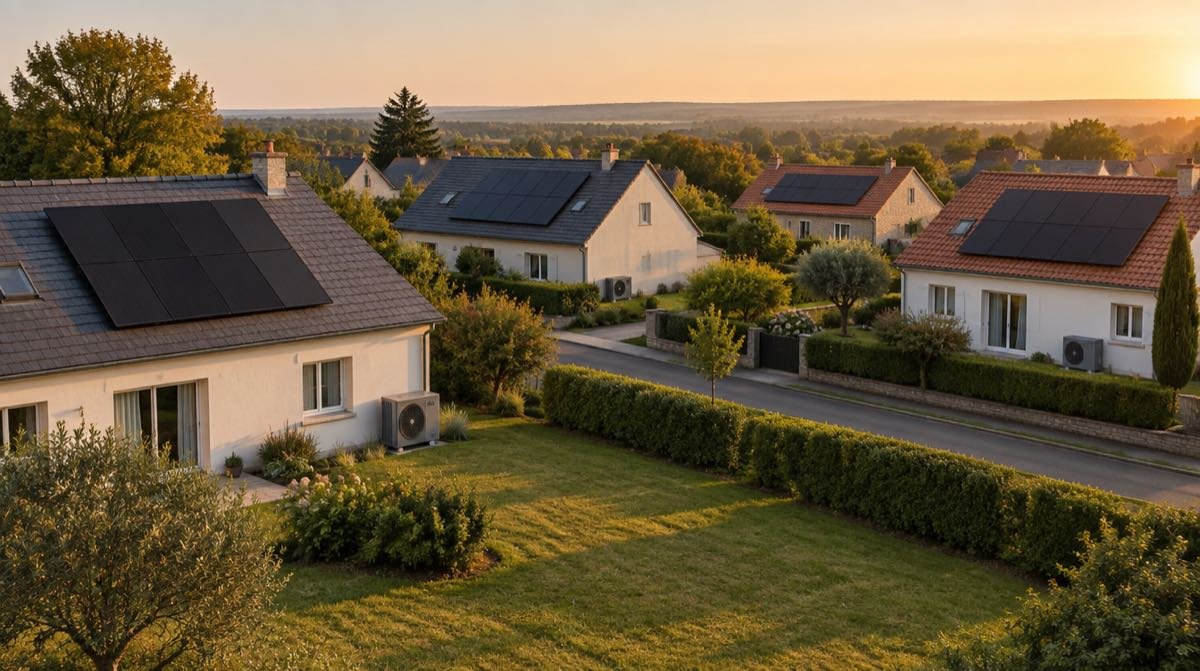 Quartier résidentiel en fin de journée : maisons individuelles avec panneaux solaires en toiture et pompes à chaleur le long des façades.