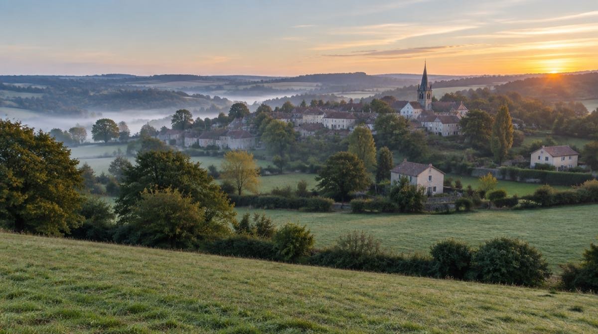 Village et maisons dispersées dans la campagne française, au lever du jour.