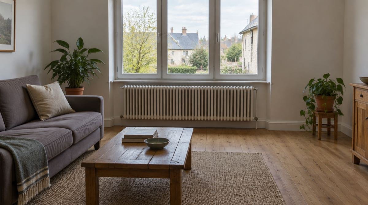 Séjour d'une maison, radiateur sous la fenêtre et vue sur un village.