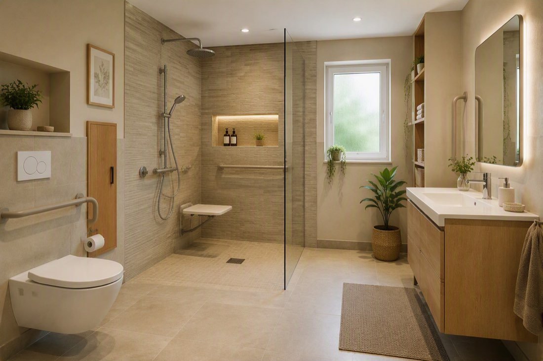 Salle de bain adaptée : douche de plain-pied, barres d'appui, siège rabattable et WC surélevé.